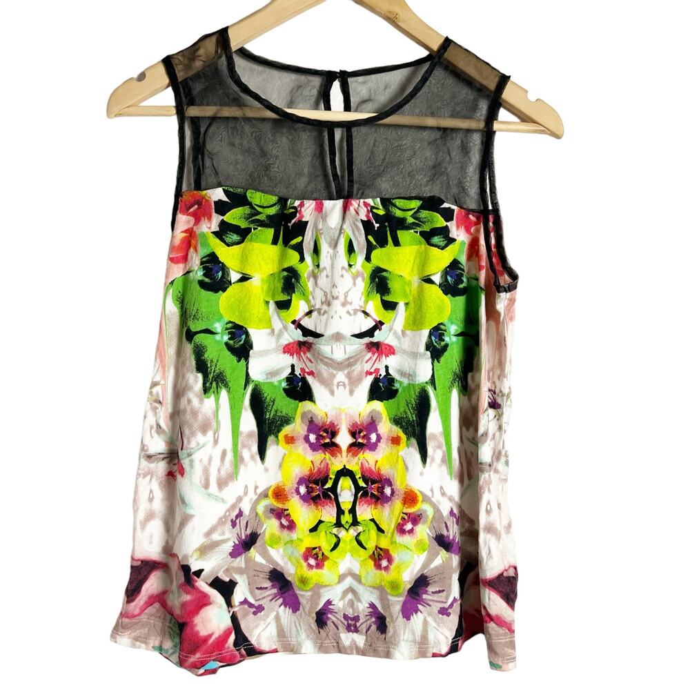 Prabal Gurung for Target Abstract Floral Black Green Sleeveless Mesh Yoke Top M